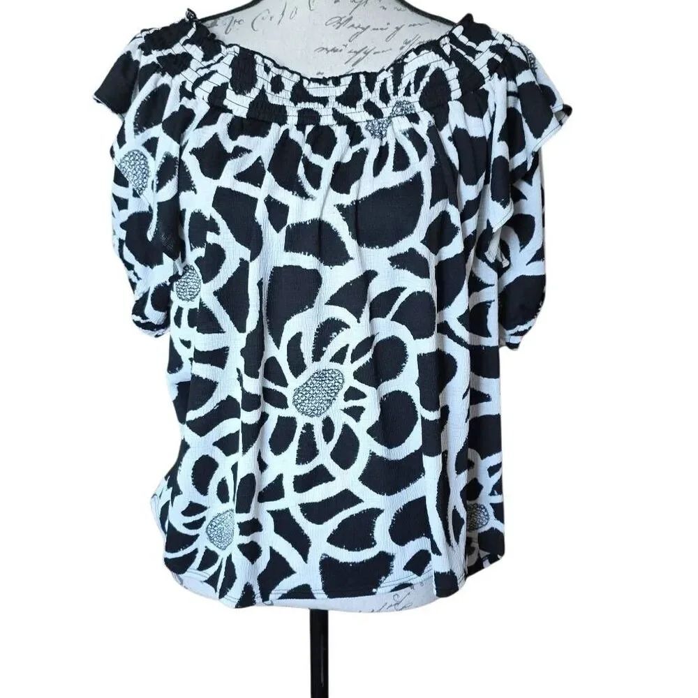 INC International Concepts Women's Size Large Black White Off Shoulder Blouse